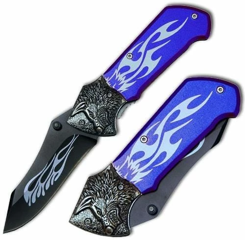 Knife Depot Custom Tribal Folding Knife - Tactical Steel Handle, Wolf