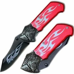 Knife Depot Custom Tribal Folding Knife - Tactical Steel Handle, Red Wolf