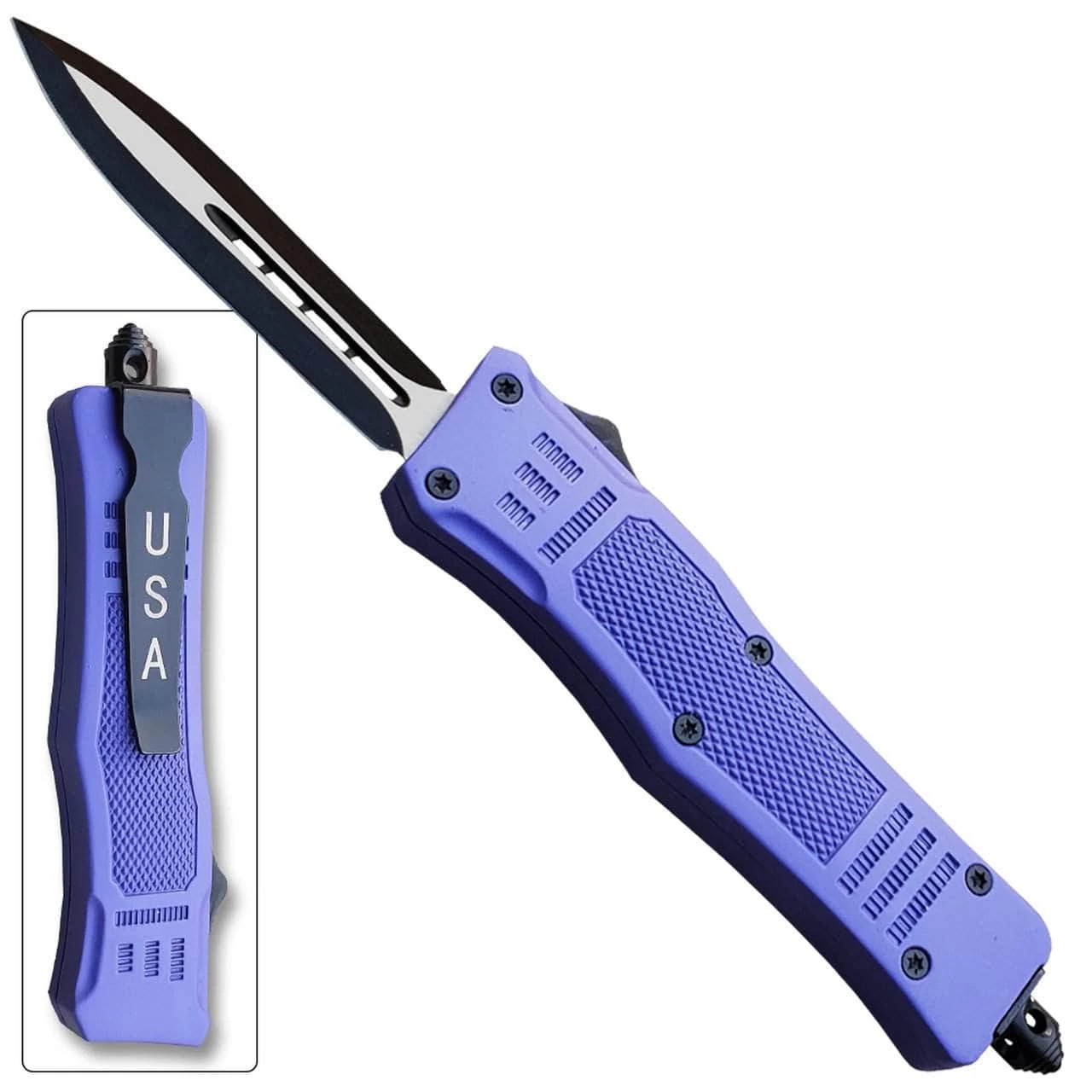 Knife Depot Purple Legacy Edge OTF Knife Spear Point, Double Edged Blade - Image 4