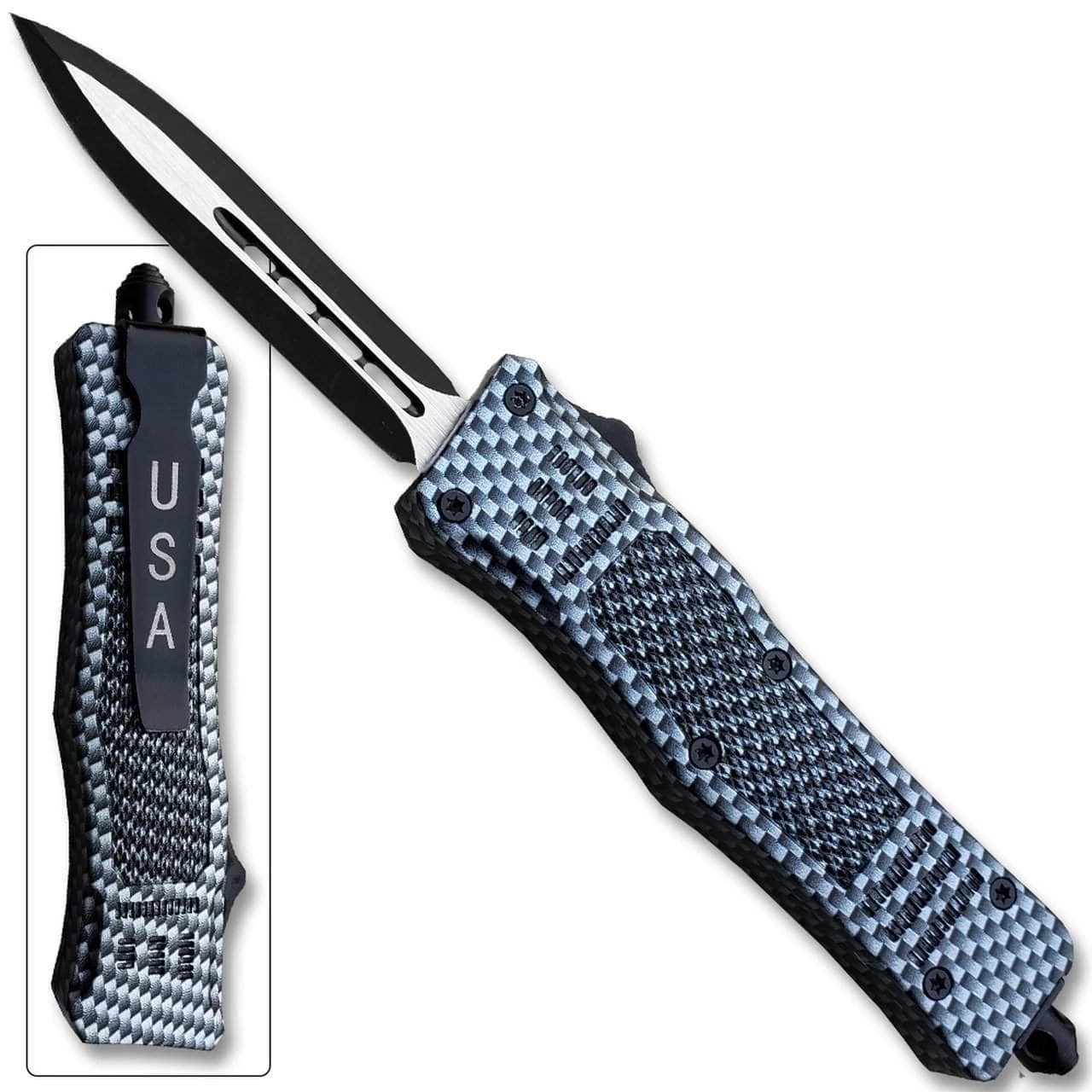 Knife Depot Carbon Fiber Legacy Edge OTF Knife Spear Point, Double Edged Blade