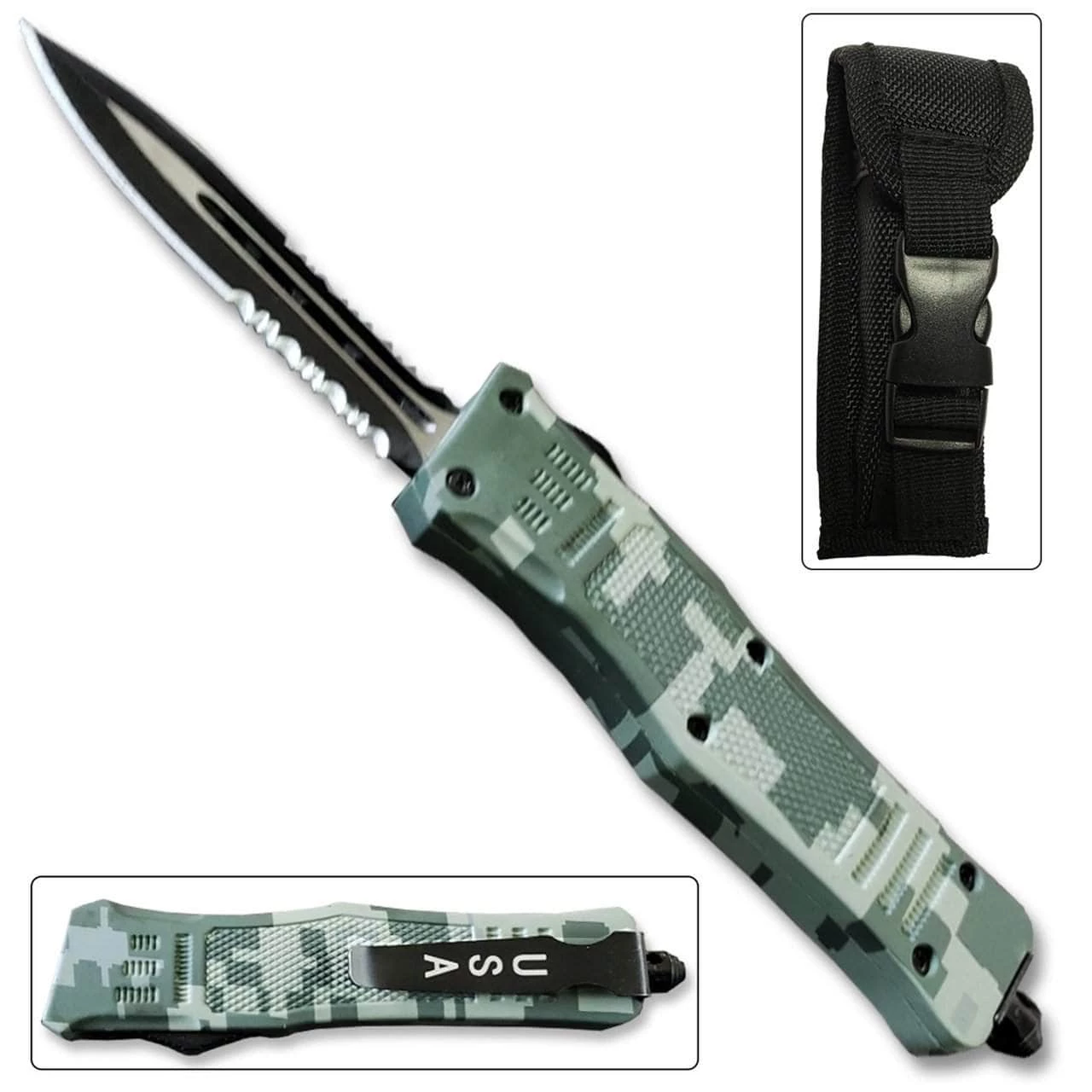 Delta Force OTF Automatic Knife, 2.75" Dual Side Serrated Blade, Camo Handle - Image 2