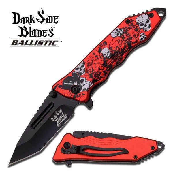 Dark Side Blades Ballistic Dark Side Blades Tanto Spring Assist Tactical Knife Joker Skull Red