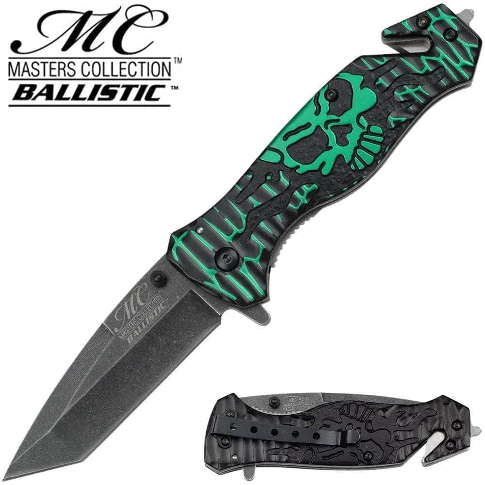 Master USA Masters Collection TACTICAL Knife Green Black Skull Tanto GLASS Breaker Rescue
