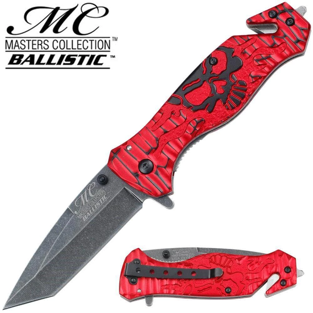 Master USA Masters Collection TACTICAL Knife RED Skull Tanto GLASS Breaker Rescue Belt Cut