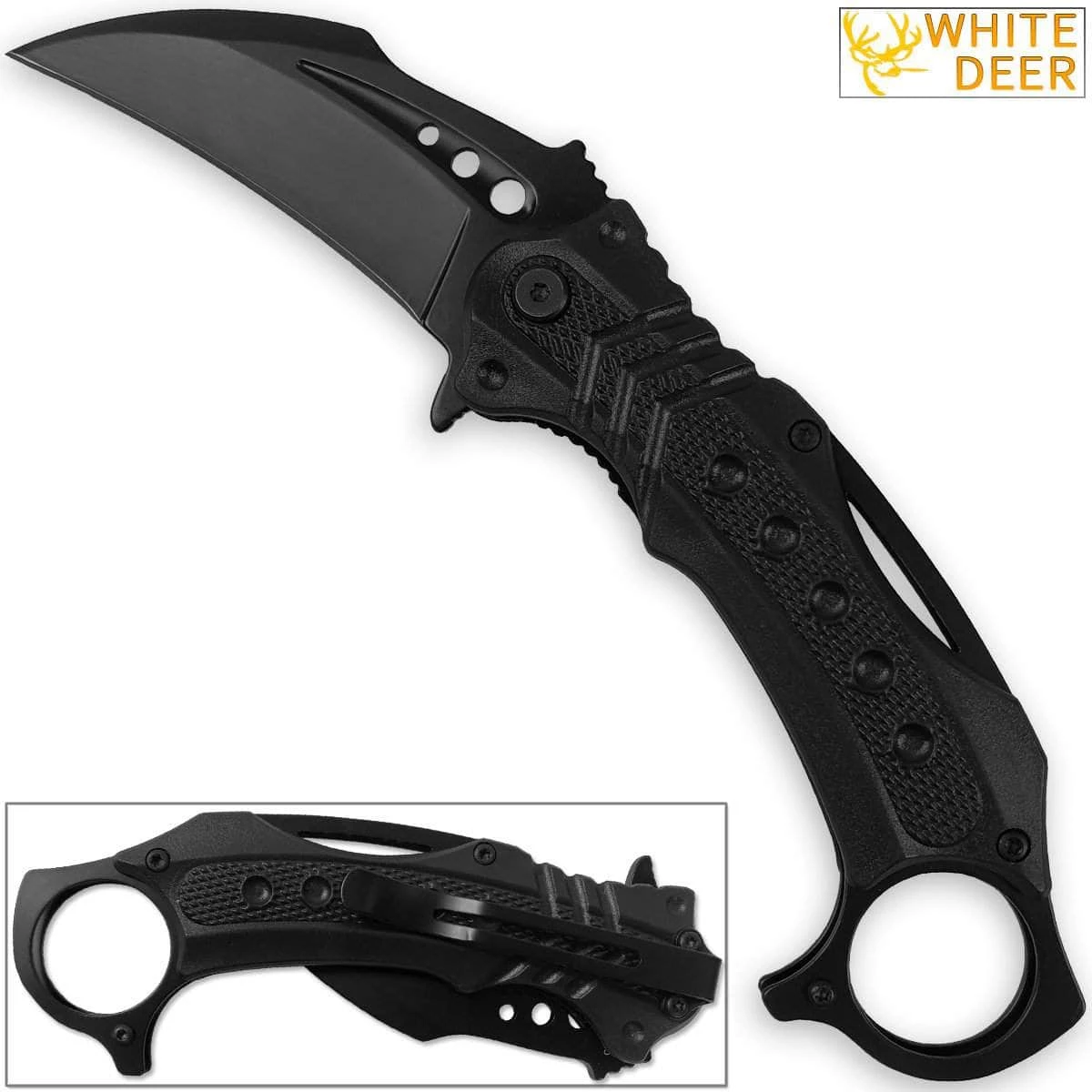 White Deer Tactical Defense Emergency Karambit Knife Lightened Assisted Open Black