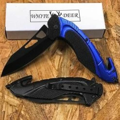 White Deer Tactical Knife With Glass Breaker Blue And Black