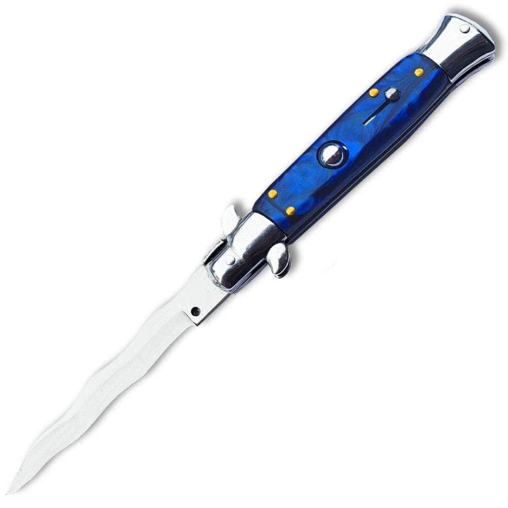 Knife Depot Anomaly Stiletto, 4.5" Kris Auto Blade, Blue Handle W/ Steel Bolsters - ST95BL